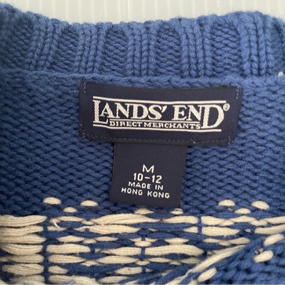Land’s End Vintage 90’s Blue Cable Knit Fair Isle Reindeer Snowflake Sweater Med - Picture 6 of 7